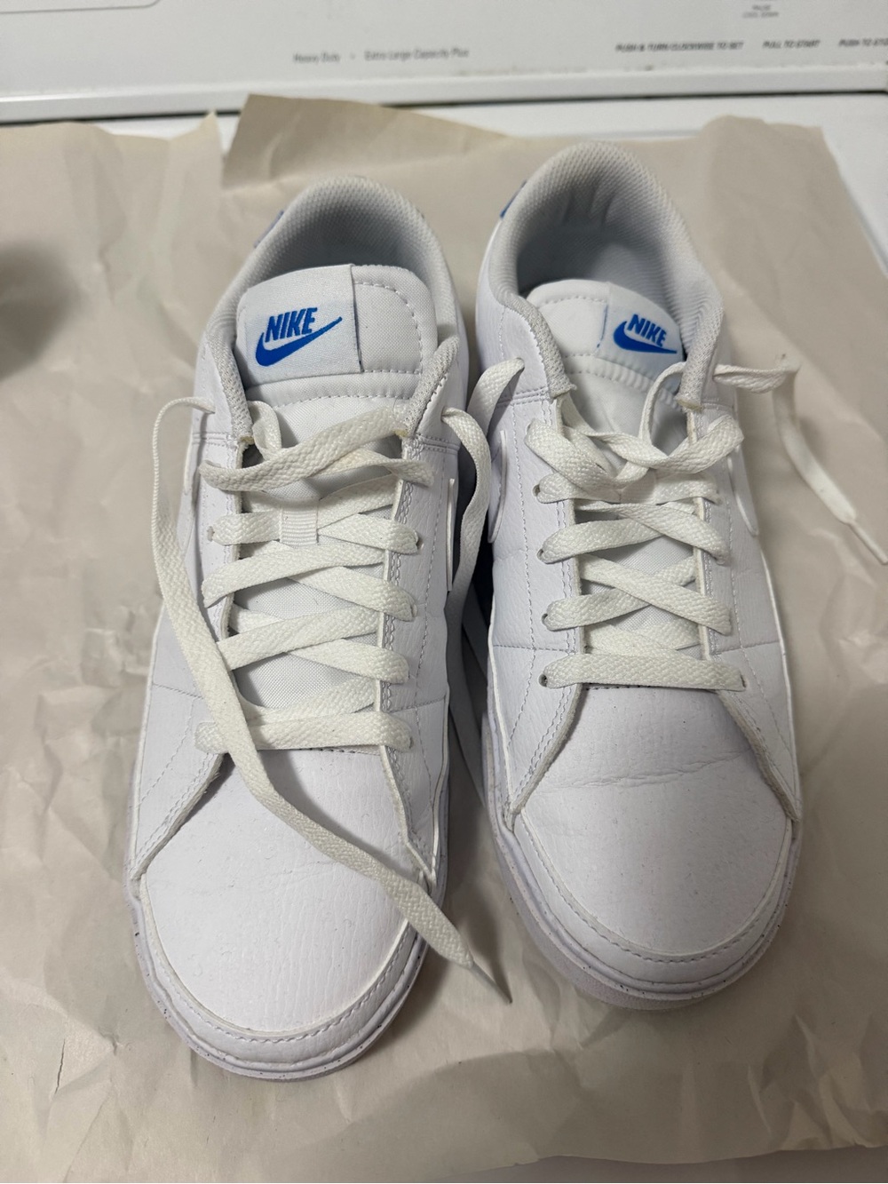 Nike White Low-Top Sneakers with Blue Logo Accents